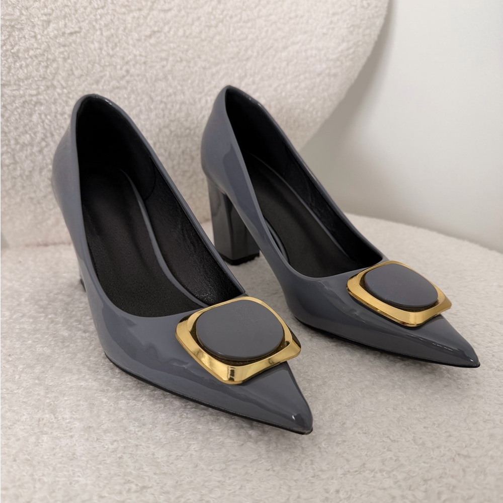 Gray Patent Pointed-Toe Pumps with Gold Accent
